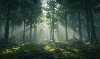 Obraz premium Sunlight breaking through tall forest trees, illuminating the mossy ground and creating a mystical woodland atmosphere