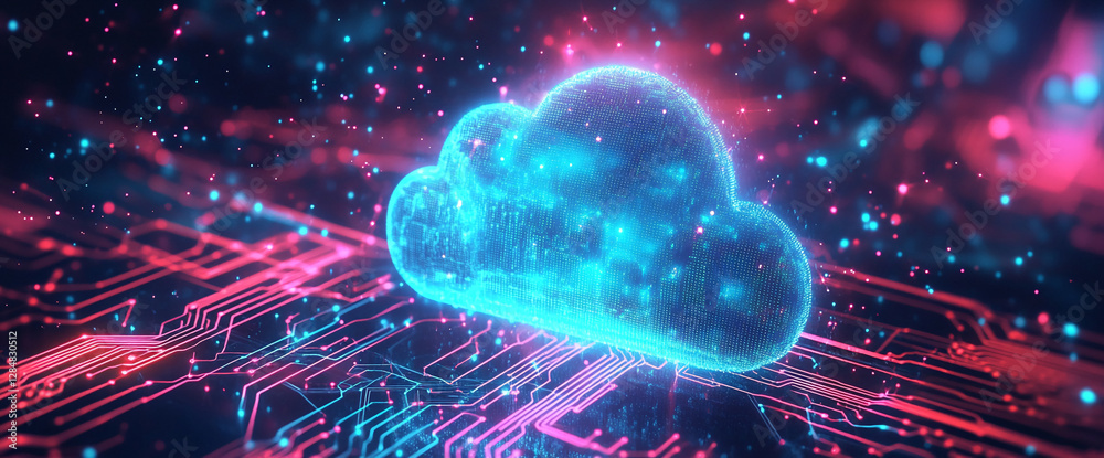 Poster a digital cloud symbol floating above a futuristic circuit board, representing the concept of cloud 