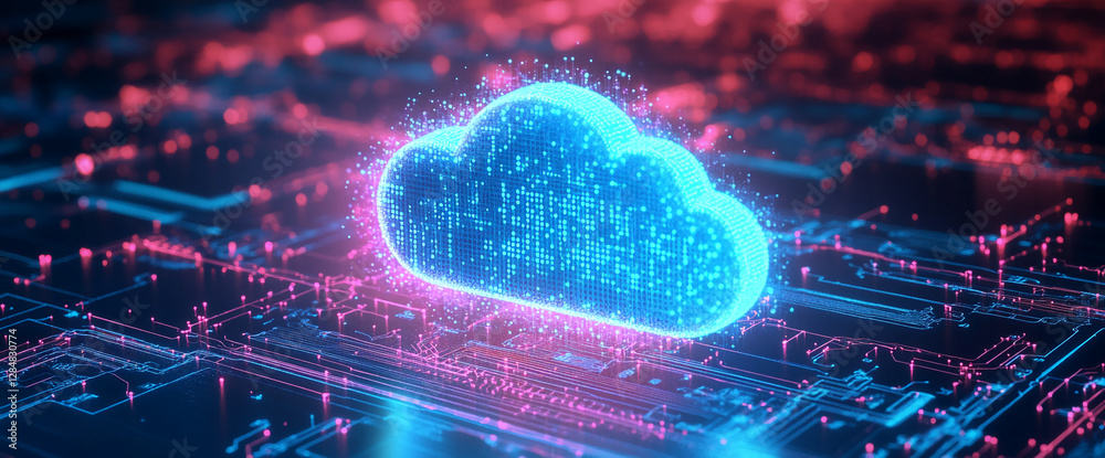 Poster A glowing, futuristic digital cloud floating above a neon-lit circuit board, symbolizing advanced cloud computing technology, data storage, and connectivity in a high-tech environment.