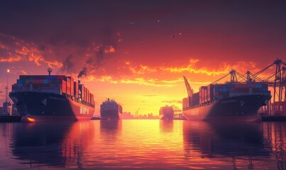 Sunset view of cargo ships docked at an industrial port, vibrant hues of orange and purple painting the sky, symbolizing global trade