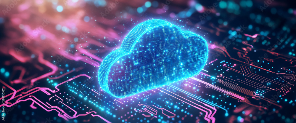 Aufkleber A glowing digital cloud floating above a neon-lit circuit board, representing advanced cloud computing, digital data storage, and futuristic technology in a high-tech, abstract environment.