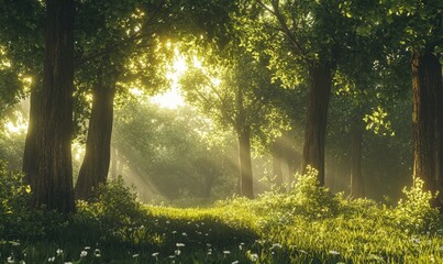 Obraz premium Tranquil forest scene with sunlight filtering through tall trees, soft green hues creating a calming atmospher