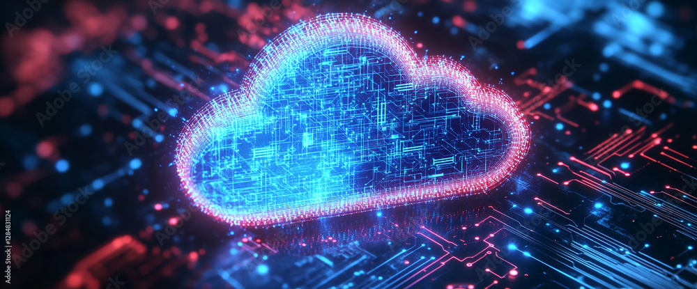 Poster A digital cloud surrounded by glowing neon lights and circuit patterns, symbolizing cloud computing, digital data, and advanced technology in a futuristic abstract concept.