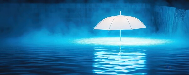 Illuminated umbrella on water with mist and waterfall in blue night atmosphere