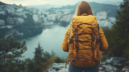 A young female with a backpack explores an urban cityscape, walking from behind. Capturing the sense of adventure, freedom, and discovery during her summer vacation in a modern environment