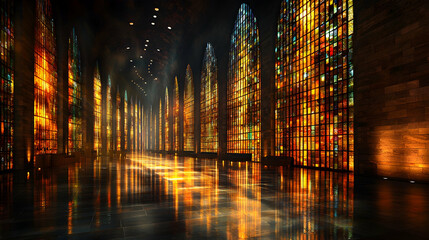 Obraz premium Golden stained-glass hall, reflective floor, mystical ambiance, interior design