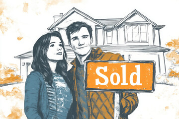 Couple celebrating new home purchase with 'Sold' sign, standing happily in front of their new house.
