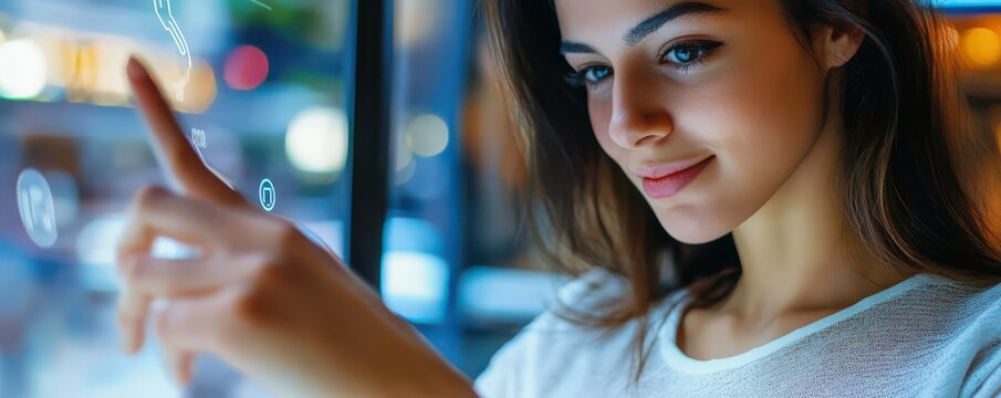 Young caucasian female interacting with touchscreen display in modern setting - Powered by Adobe