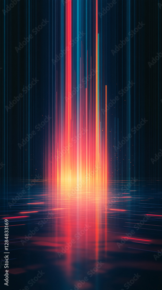 Poster Abstract futuristic digital landscape with colorful glowing lines and neon hues, symbolizing energy flow, data streams, and advanced technology in a high-tech virtual world.