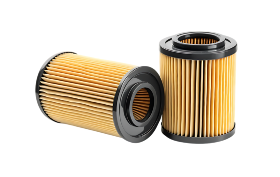 Two air, fuel, or oil filters, isolated on a white or transparent background, png.