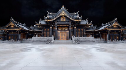 Fototapeta premium Dark, grand Japanese temple facade, front view, digitally rendered
