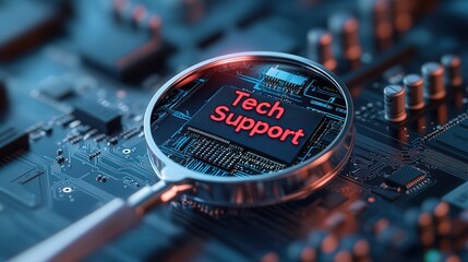 magnifying glass with the words "Tech Support" on it, black circuit board background., 