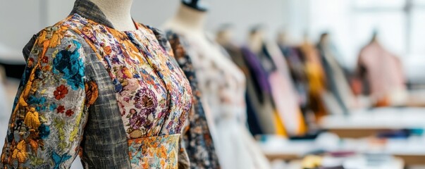 Fototapeta premium Colorful garments on mannequins in a fashion design studio