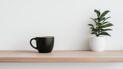 Fototapeta premium Simple shelf with coffee cup and plant