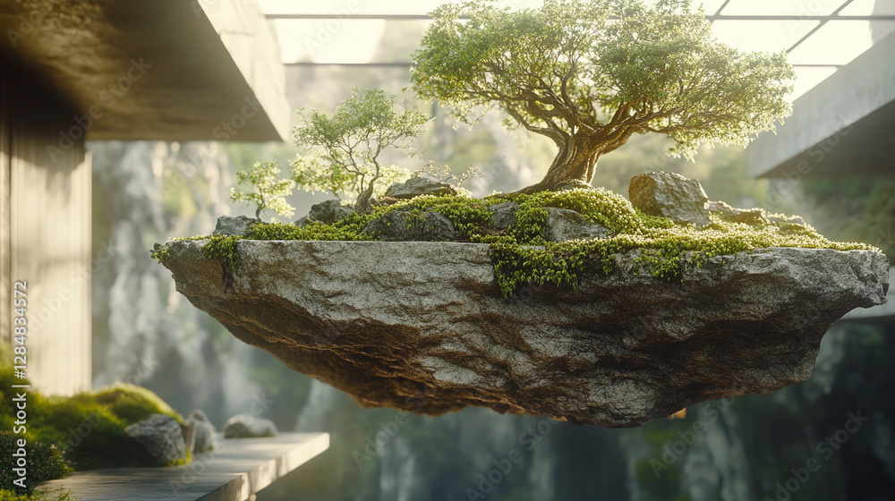 Aufkleber a floating bonsai tree island surrounded by moss on a rock, bathed in soft sunlight, representing na