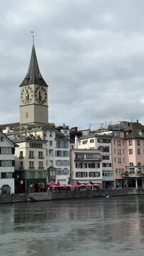 Zurich, Switzerland, Zurich city center with Clock tower of the St. Peter Church in Zurich, Switzerland