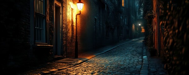 Fototapeta premium Mysterious nighttime cobblestone alley lit by warm street lanterns