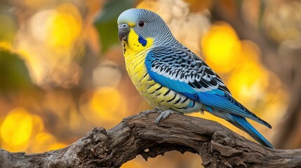 Colorful Budgie Perched Branch Blurred