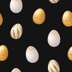 Easter seamless pattern with golden decorative eggs isolated on black background.