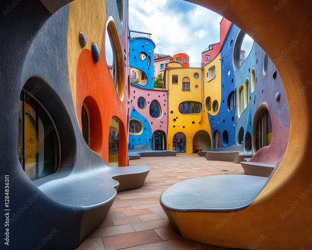 Poster modern colorful architecture with sculptural benches and vibrant walls, showcasing creativity and ur