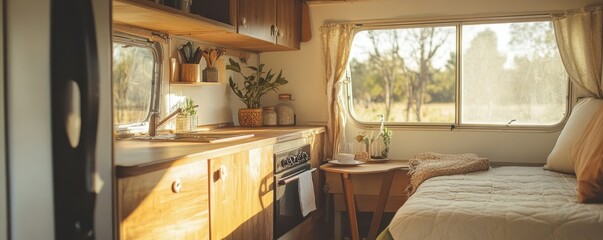 Fototapeta premium Cozy interior of a modern camper van with wooden accents and natural light streaming through large windows