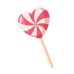 Lollipop on stick in heart shape in pink color isolated on white background.
