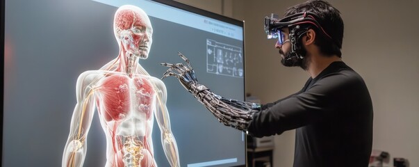 Man interacting with virtual human anatomy model using advanced robotic arm and vr headset