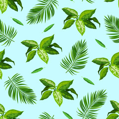 Vector cartoon seamless pattern with branches and leaves of tropical plants isolated on light turquoise background.