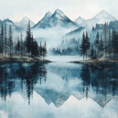 Serene landscape featuring a tranquil lake reflecting majestic mountains under a soft misty sky
