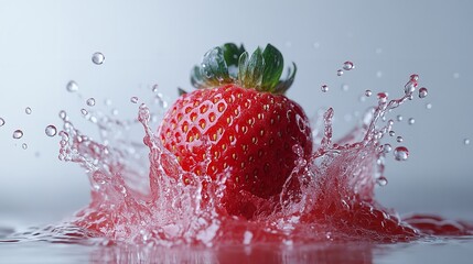 a strawberry splashed with red juice on a white background