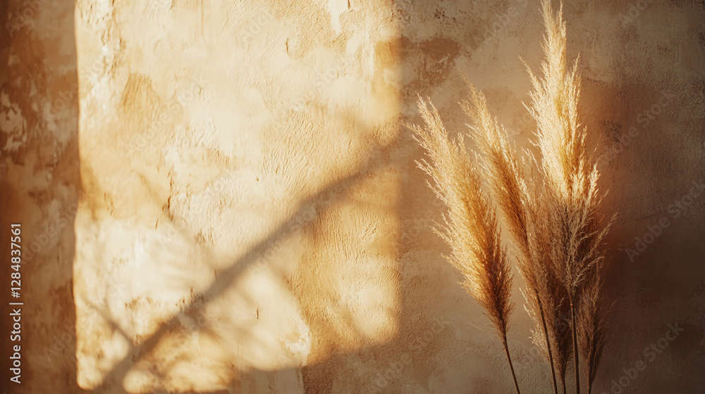 Poster soft golden light shining on pampas grass with gentle shadows on a textured beige wall, creating a w