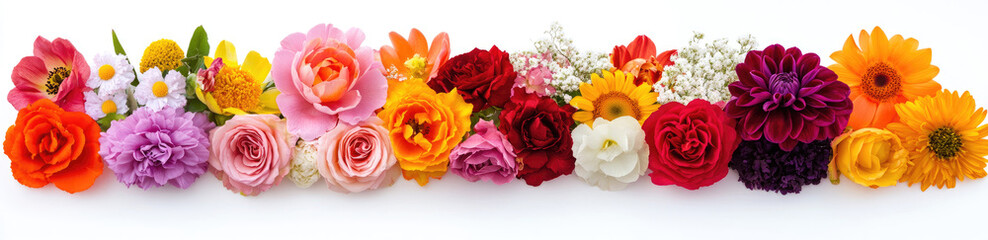 A vibrant arrangement of various colorful flowers displayed horizontally.
