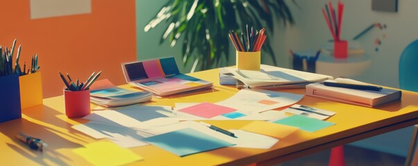 Fototapeta premium Colorful workspace with stationery and papers on yellow desk
