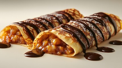Fototapeta premium Warm crepes filled with caramelized apple filling drizzled with chocolate sauce. National Crepes Day