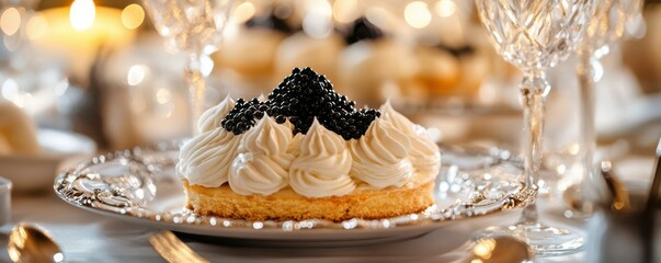 Fototapeta premium Elegant dessert topped with black caviar on decorative plate at luxurious event