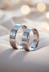 Modern wedding bands in polished platinum with geometric engravings, placed on velvet surface with soft natural light and blurred background
