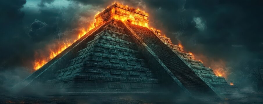 Ancient mayan pyramid engulfed in dramatic flames and stormy sky