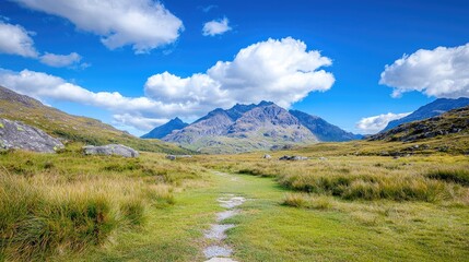 Fototapeta premium Hiking trail, mountains, valley, sunny day, nature landscape, travel poster