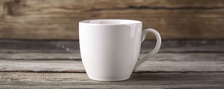 Plain white ceramic mug on rustic wooden surface