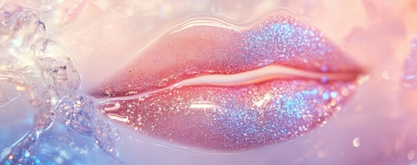 Glittering close-up of shimmering lips with sparkling makeup and ice crystals