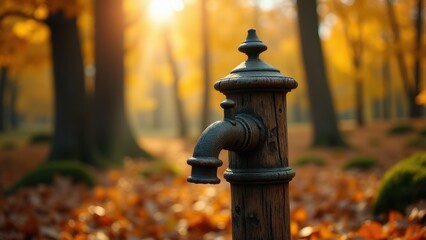 Fototapeta premium Tapping spout, Close-up front view of a weathered wooden tapping spout in a golden autumn forest with HDR lighting.