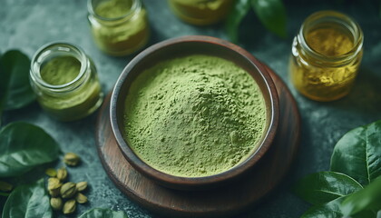 Wooden bowl holds a generous portion of healthy green moringa leaves powder, nutrition, bowl, Generative AI