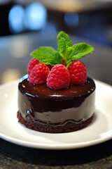 Decadent vegan chocolate cake with a glossy ganache, garnished with fresh raspberries,