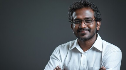 Fototapeta premium Smiling 30-year-old Indian man in casual attire, quarter view, isolated on white. Space for text.