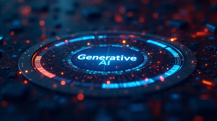Abstract futuristic background with glowing circuitry and a digital interface displaying the words uppercase 'GENERATIVE AI' inside a circular frame. High-tech feel