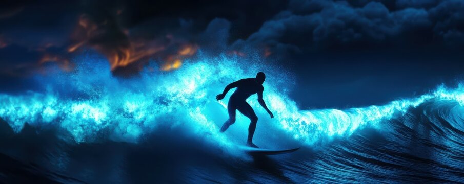 Silhouette of man surfing glowing wave at night with illuminated ocean splash