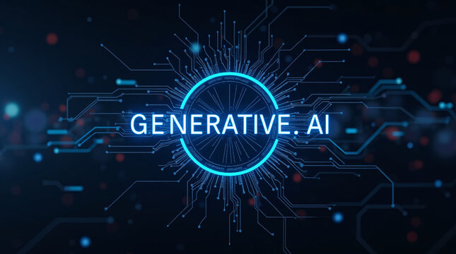 Abstract futuristic background with glowing circuitry and a digital interface displaying the words uppercase 'GENERATIVE AI' inside a circular frame. High-tech feel