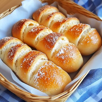 Freshly baked sweet bread rolls in a wicker basket lined with paper, topped with powdered sugar, soft and golden pastries served on a cozy blue checkered cloth