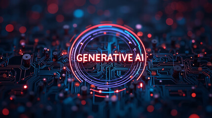 Abstract futuristic background with glowing circuitry and a digital interface displaying the words uppercase 'GENERATIVE AI' inside a circular frame. High-tech feel
