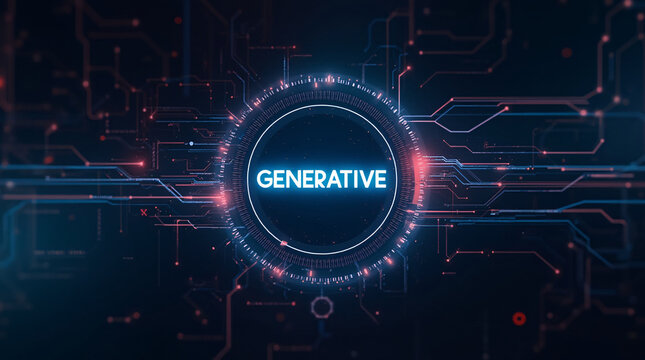 Abstract futuristic background with glowing circuitry and a digital interface displaying the words uppercase 'GENERATIVE AI' inside a circular frame. High-tech feel